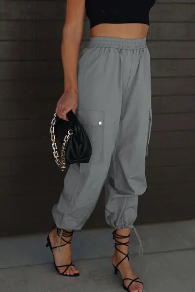 Drawstring Elastic Waist Pants with Pockets - GlossiChic Collection Charcoal / S GlossiChic Collection apparel