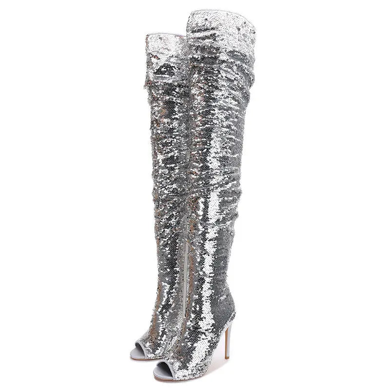 Sequin Fish Mouth Over The Knee High Heel Long Boots GlossiChic Collection