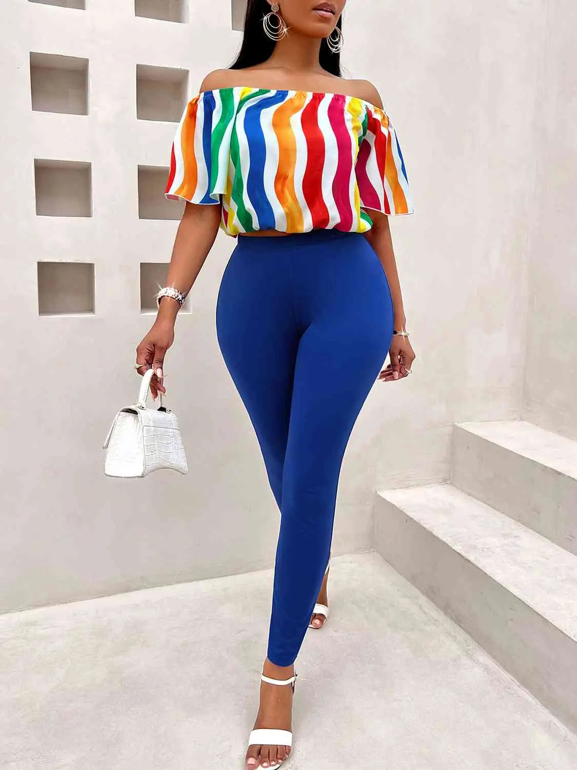 Multicolor Off Shoulder Top and Long Pants Set GlossiChic Collection