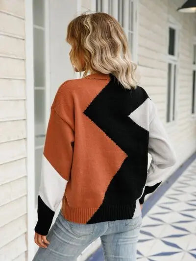 Color Block Round Neck Dropped Shoulder Sweater GlossiChic Collection