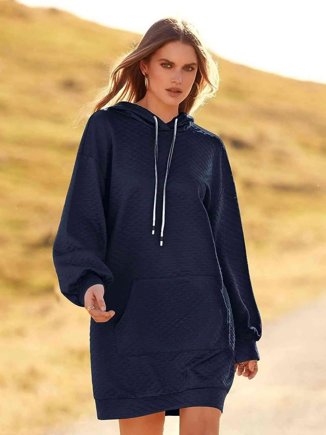 Textured Drawstring Tunic Hoodie GlossiChic Collection