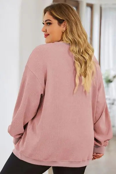 Plus Size Heart Ribbed Round Neck Sweatshirt - GlossiChic Collection Black / 1XL GlossiChic Collection apparel