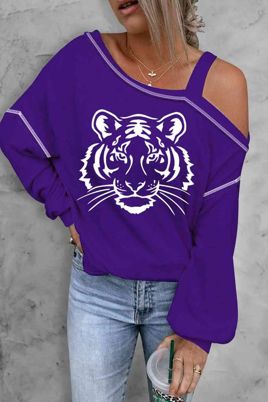 Tiger Graphic Long Sleeve Asymmetrical Neck Top GlossiChic Collection