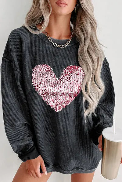 Heart Sequin Round Neck Sweatshirt - GlossiChic Collection Black / S GlossiChic Collection apparel