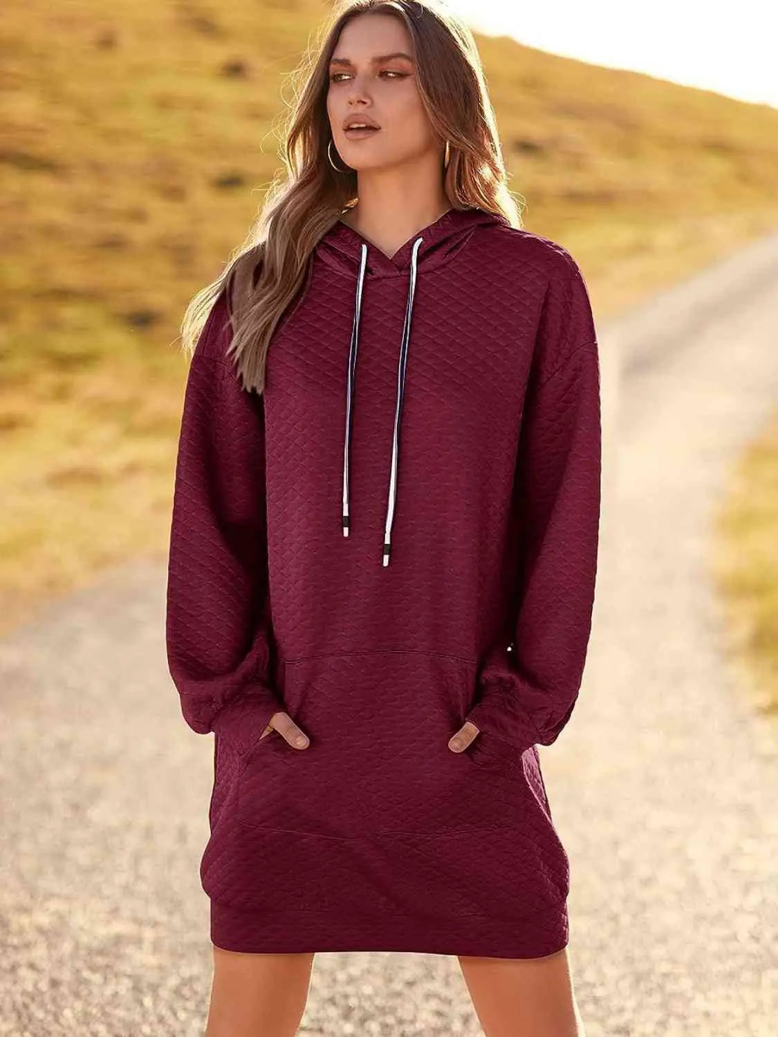 Textured Drawstring Tunic Hoodie GlossiChic Collection