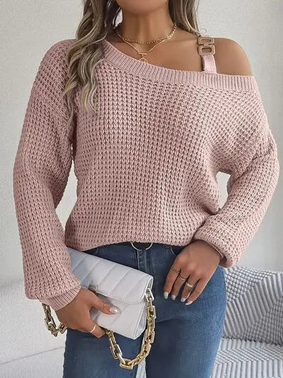 Asymmetrical Neck Long Sleeve Sweater - GlossiChic Collection Blush Pink / S GlossiChic Collection apparel