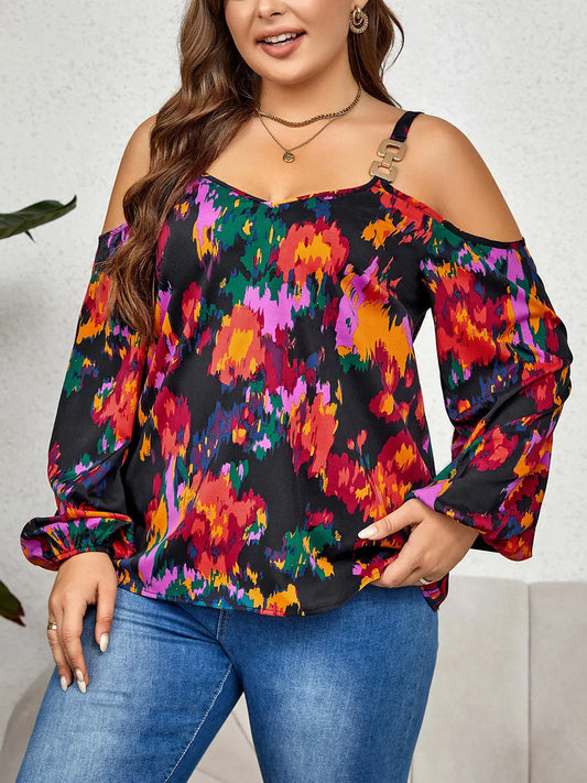 Plus Size Printed Cold Shoulder Long Sleeve Blouse GlossiChic Collection