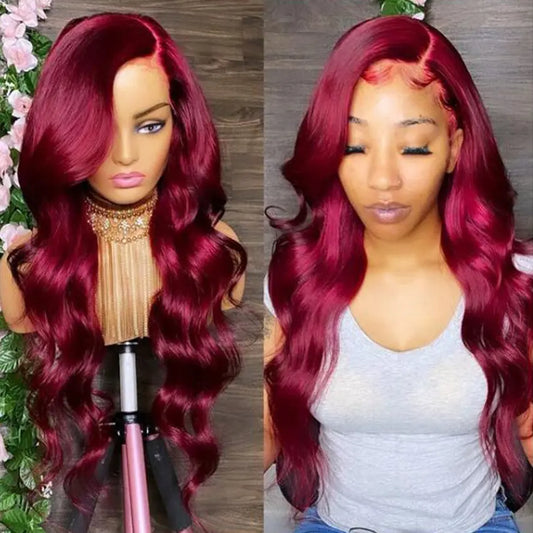 Burgundy Wavy Human Hair Lace Front Wigs 99J Color Brazilian Cuticle Aligned Hair Hd Lace Frontal Wig Pre Plucked With Baby Hair - GlossiChic Collection