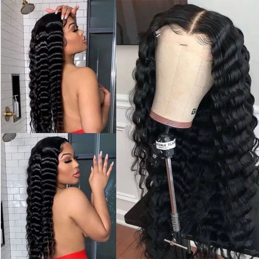 Brazilian remy virgin glueless pre-plucked hairline deep wave human hair lace front wig with baby hair - GlossiChic Collection