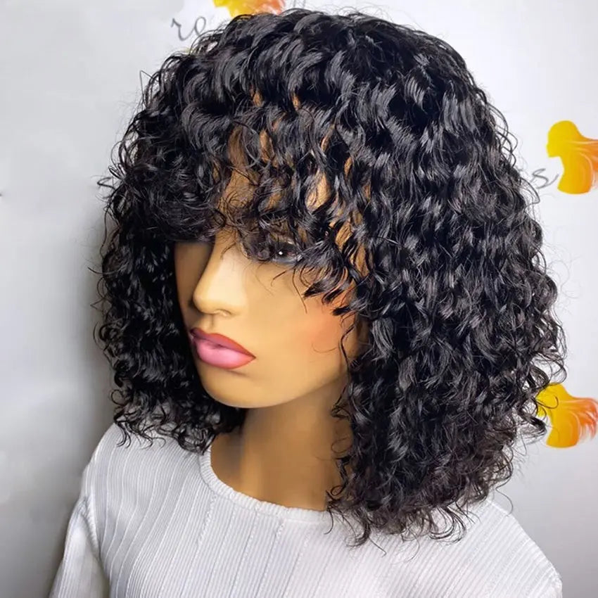 Brazilian remy fringe short curly bob lace front human hair wig pre-plucked with bangs - GlossiChic Collection