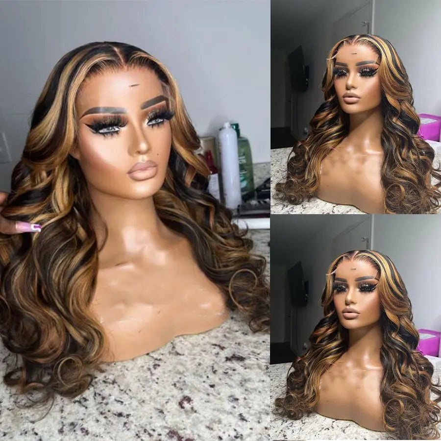 Brazilian human hair 13*4 transparent HD body wave ombre honey blonde highlight lace front Wig. - GlossiChic Collection