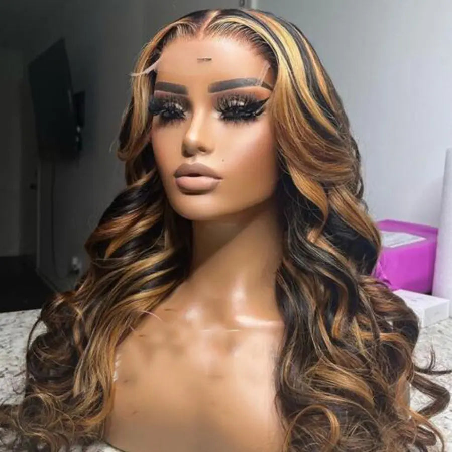 Brazilian human hair 13*4 transparent HD body wave ombre honey blonde highlight lace front Wig. - GlossiChic Collection