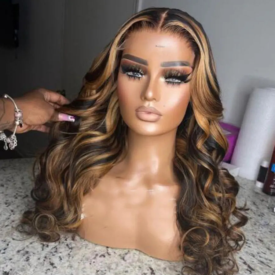 Brazilian human hair 13*4 transparent HD body wave ombre honey blonde highlight lace front Wig. - GlossiChic Collection