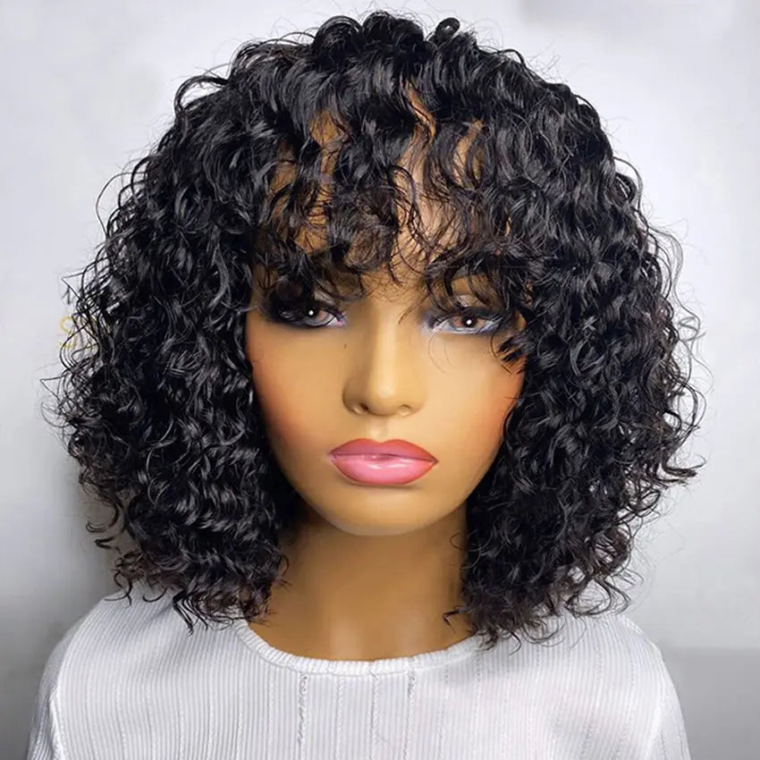 Brazilian remy fringe short curly bob lace front human hair wig pre-plucked with bangs - GlossiChic Collection