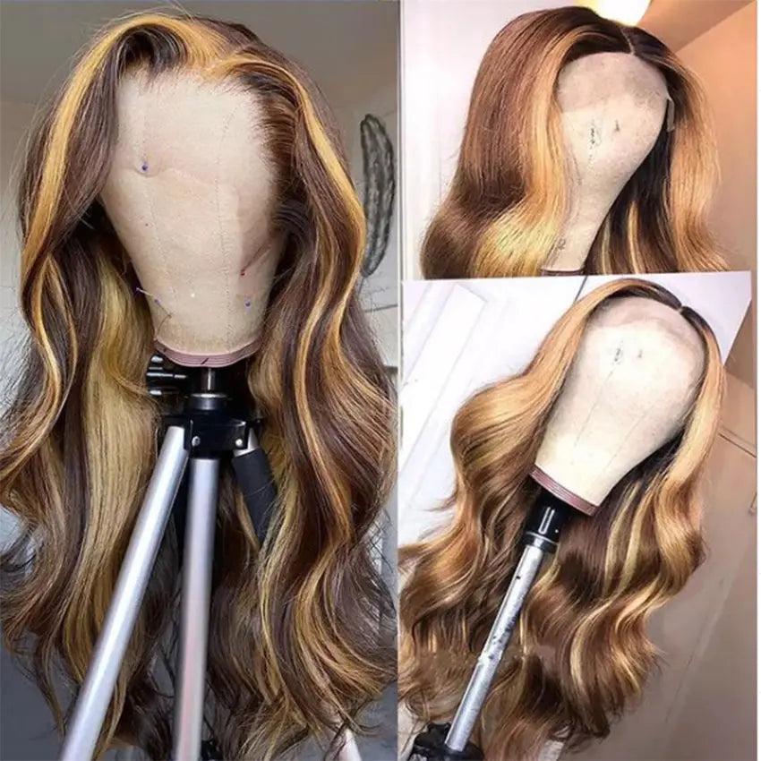 Brazilian wavy pre-plucked ombre blonde highlights color 13x4 deep part lace front human hair wig - GlossiChic Collection