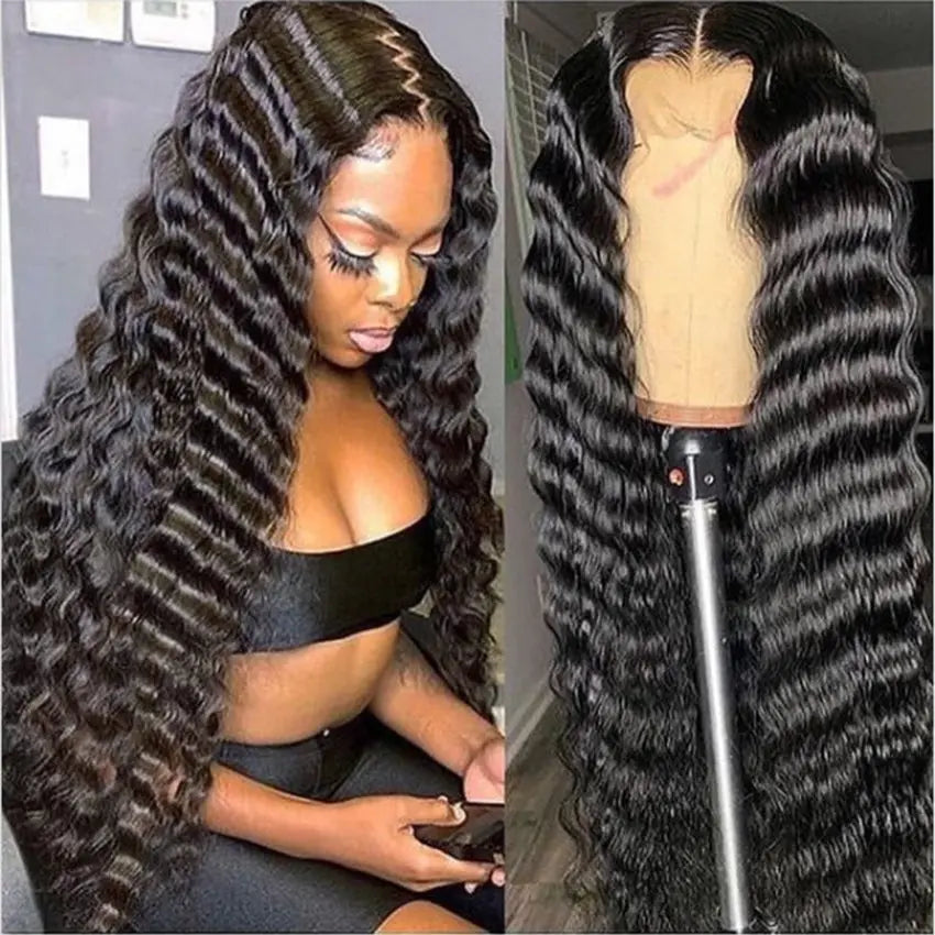 Brazilian remy virgin glueless pre-plucked hairline deep wave human hair lace front wig with baby hair - GlossiChic Collection