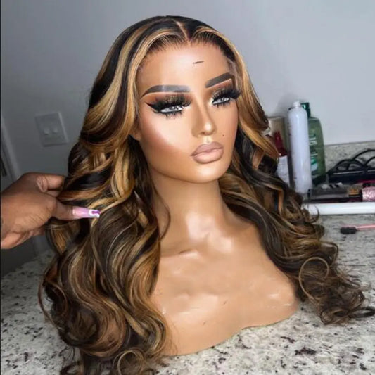 Brazilian human hair 13*4 transparent HD body wave ombre honey blonde highlight lace front Wig. - GlossiChic Collection