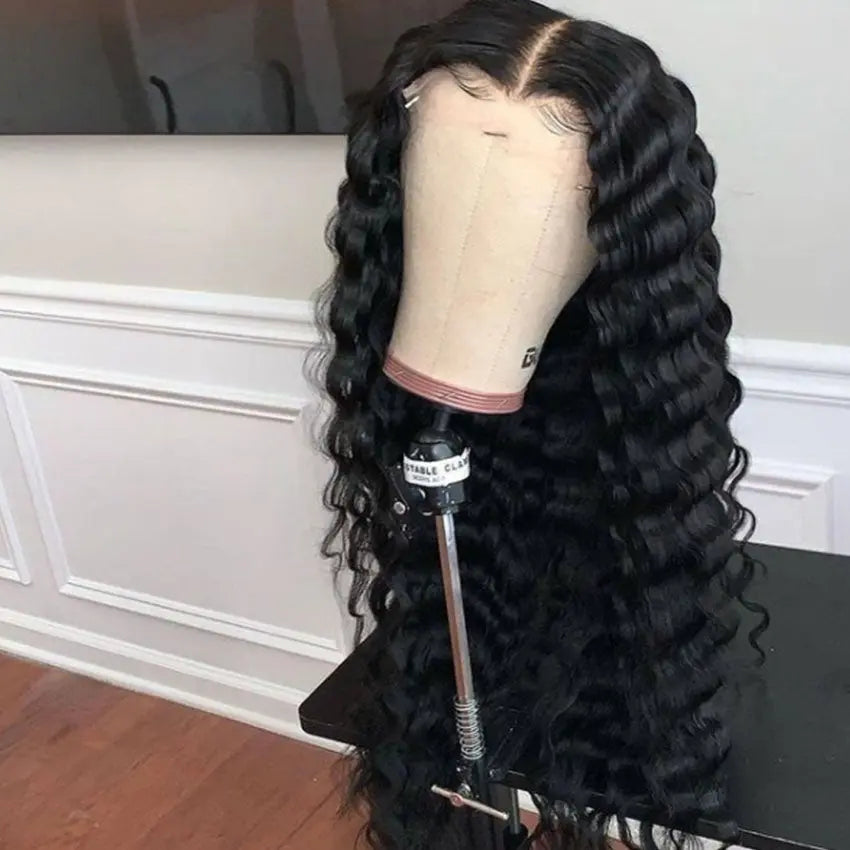 Brazilian remy virgin glueless pre-plucked hairline deep wave human hair lace front wig with baby hair - GlossiChic Collection