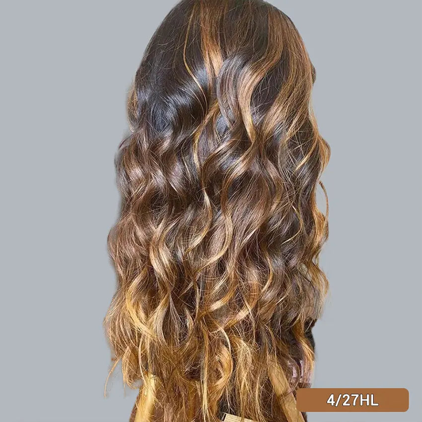 Brazilian wavy pre-plucked ombre blonde highlights color 13x4 deep part lace front human hair wig - GlossiChic Collection