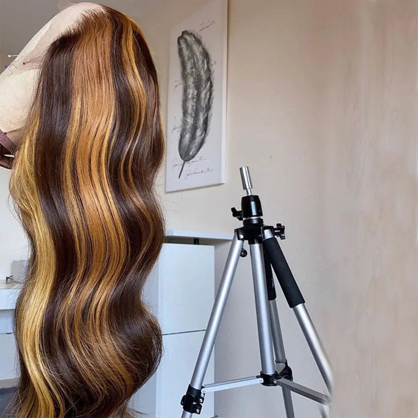Brazilian wavy pre-plucked ombre blonde highlights color 13x4 deep part lace front human hair wig - GlossiChic Collection 10 Inches / highlight color GlossiChic Collection