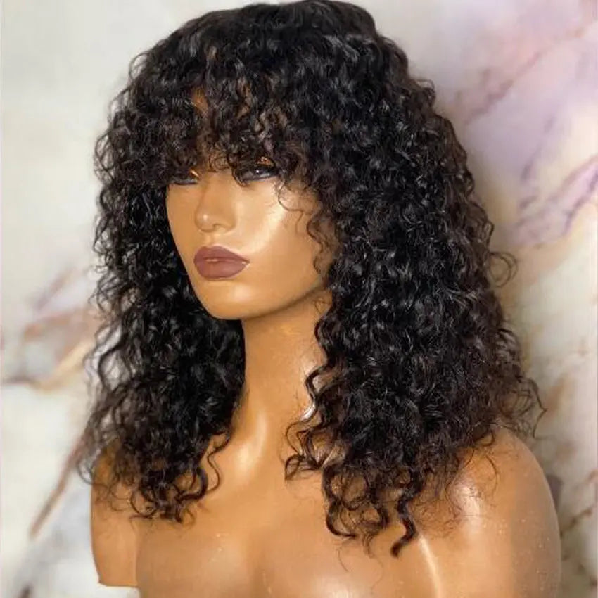 Brazilian remy fringe short curly bob lace front human hair wig pre-plucked with bangs - GlossiChic Collection