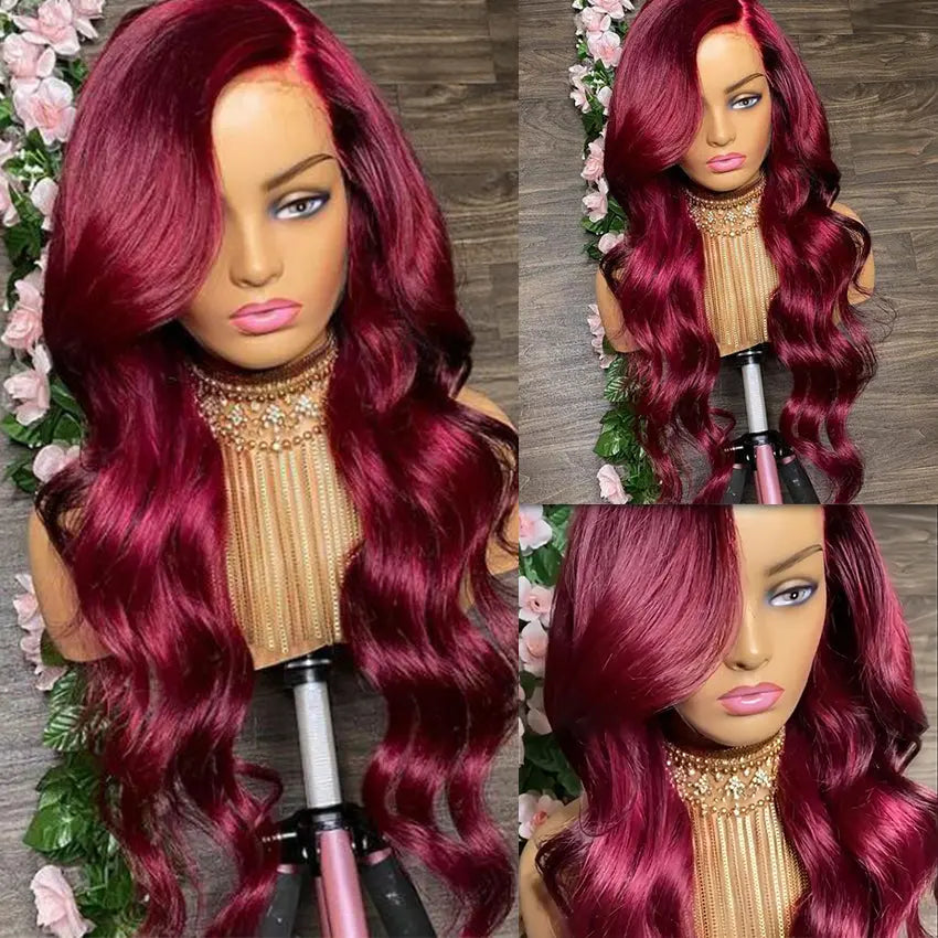 Burgundy Wavy Human Hair Lace Front Wigs 99J Color Brazilian Cuticle Aligned Hair Hd Lace Frontal Wig Pre Plucked With Baby Hair - GlossiChic Collection