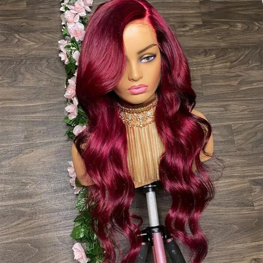 Burgundy Wavy Human Hair Lace Front Wigs 99J Color Brazilian Cuticle Aligned Hair Hd Lace Frontal Wig Pre Plucked With Baby Hair - GlossiChic Collection