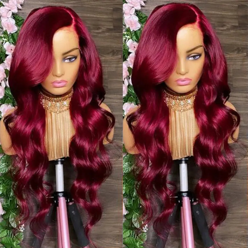 Burgundy Wavy Human Hair Lace Front Wigs 99J Color Brazilian Cuticle Aligned Hair Hd Lace Frontal Wig Pre Plucked With Baby Hair - GlossiChic Collection