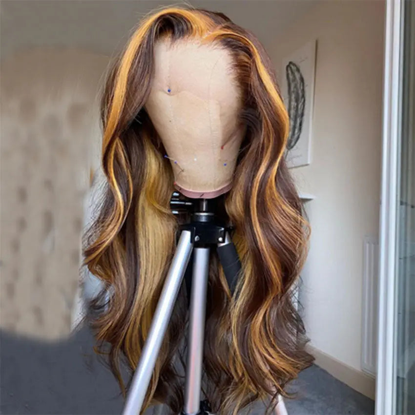 Brazilian wavy pre-plucked ombre blonde highlights color 13x4 deep part lace front human hair wig - GlossiChic Collection