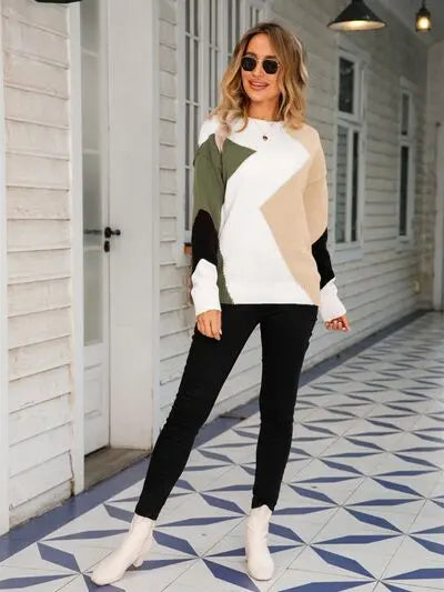 Color Block Round Neck Dropped Shoulder Sweater GlossiChic Collection