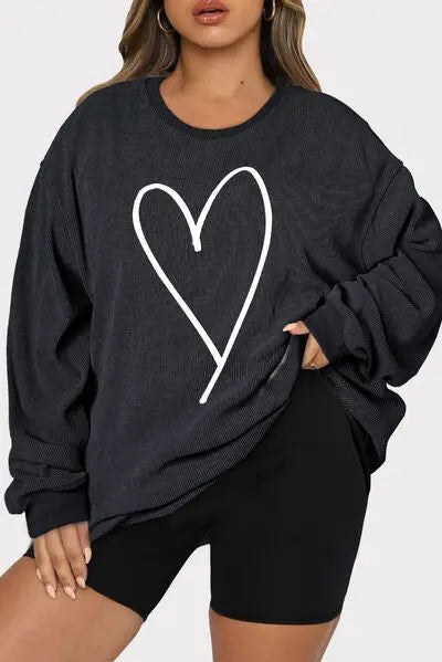 Plus Size Heart Ribbed Round Neck Sweatshirt - GlossiChic Collection Black / 1XL GlossiChic Collection apparel