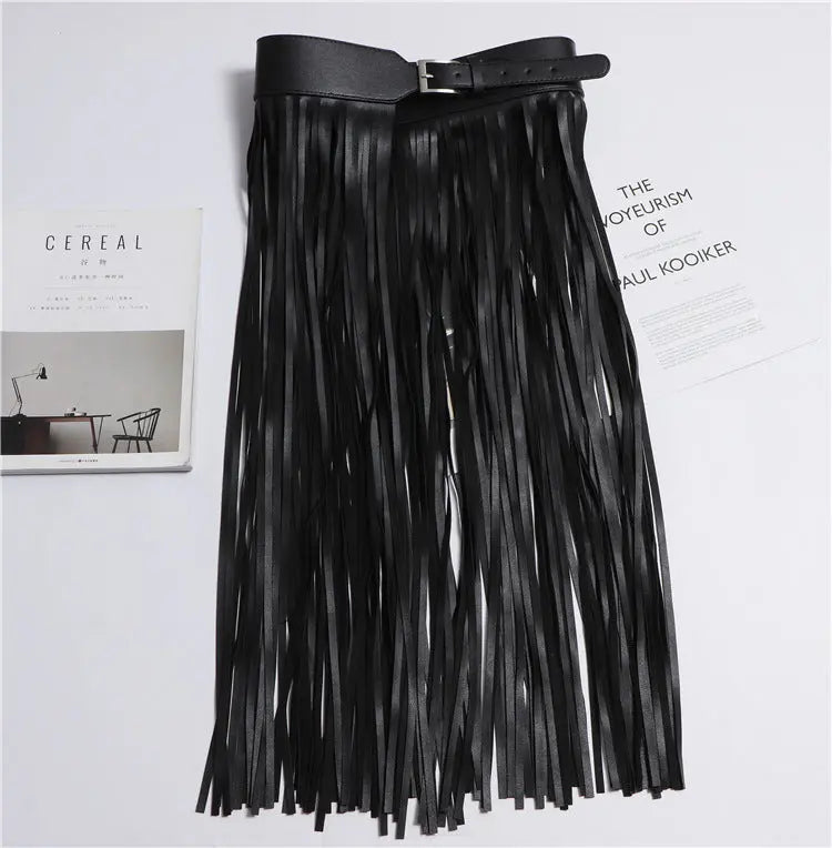 Black Tassels Wide Leather Belt - GlossiChic Collection