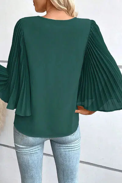 Pleated Flutter Sleeve V-Neck Blouse - GlossiChic Collection Black Forest / S GlossiChic Collection Shirts & Tops