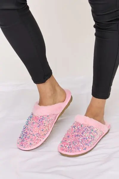 Forever Link Sequin Plush Round Toe Slippers Trendsi