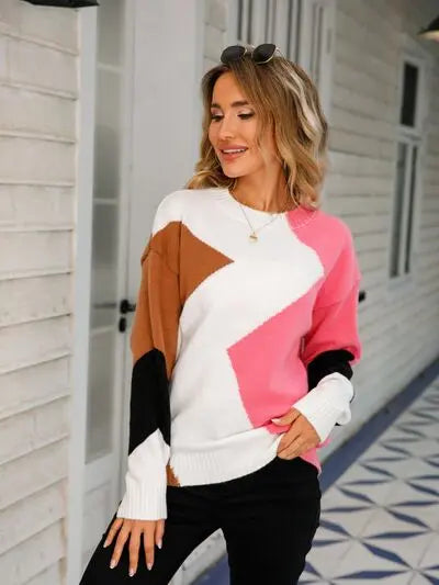 Color Block Round Neck Dropped Shoulder Sweater GlossiChic Collection