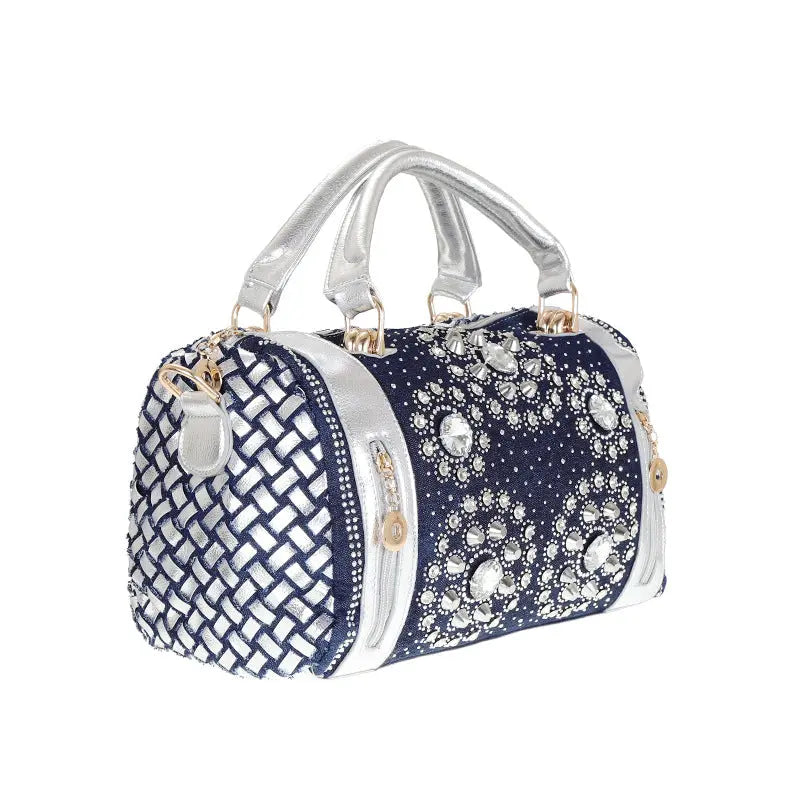 Rhinestone Round Denim Canvas  Bucket Handbag GlossiChic Collection