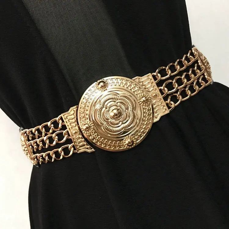 Fashion Metal Elastic Wide Belt Chain Flower Decoration - GlossiChic Collection