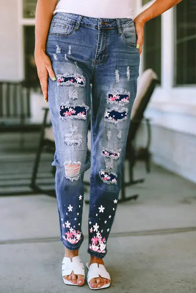 Flower Distressed Jeans with Pockets - GlossiChic Collection