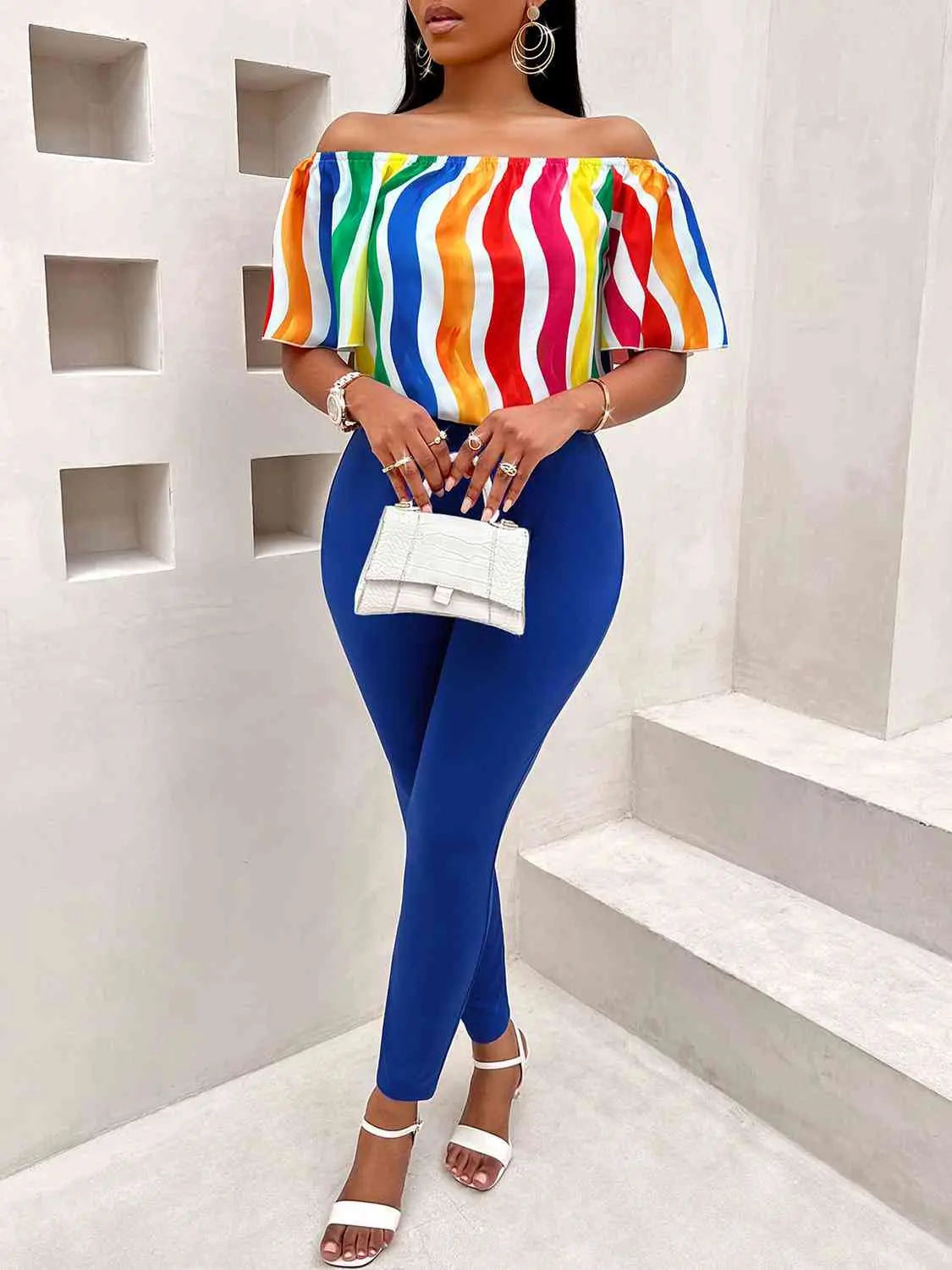 Multicolor Off Shoulder Top and Long Pants Set GlossiChic Collection