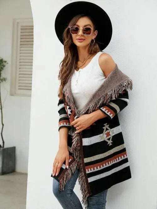 Fringe Geometric Hooded Long Sleeve Cardigan GlossiChic Collection