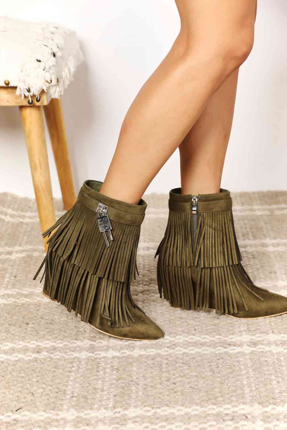 Tassel Wedge Heel Ankle Booties - GlossiChic Collection Olive / 6 GlossiChic Collection Shoes & Accessories