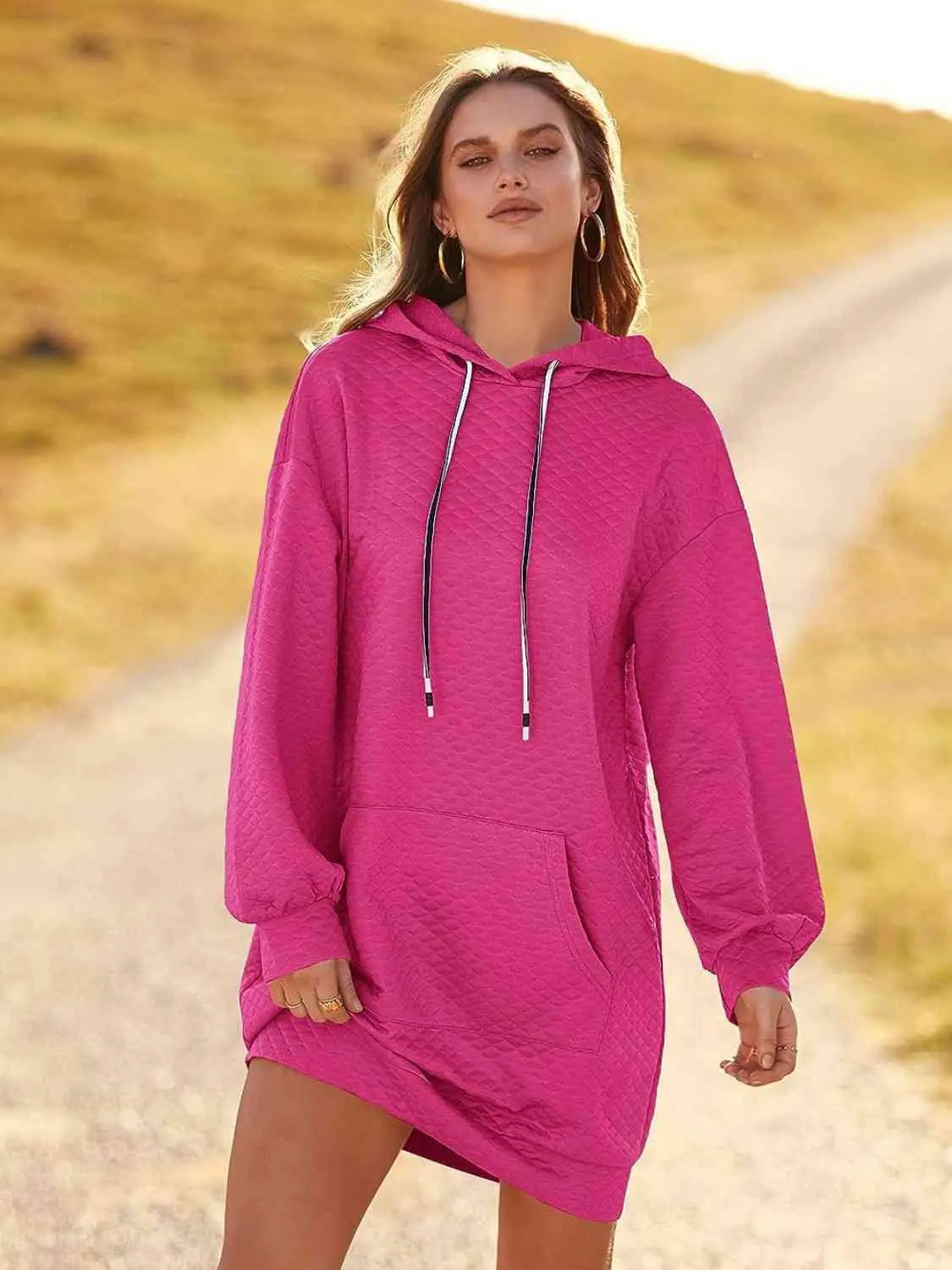 Textured Drawstring Tunic Hoodie GlossiChic Collection