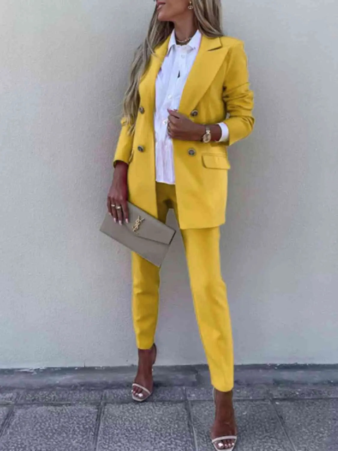 Lapel Collar Long Sleeve Blazer and Pants Set - GlossiChic Collection Chartreuse / S GlossiChic Collection Outfit Sets
