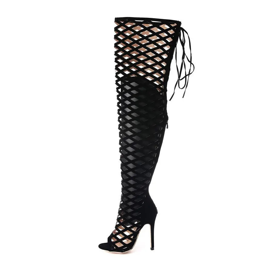 Women's New Hollow-out Long High Heel Over The Knee Sandal Boots GlossiChic Collection