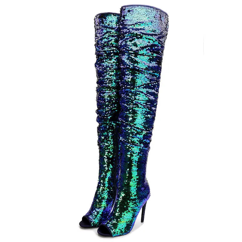 Sequin Fish Mouth Over The Knee High Heel Long Boots GlossiChic Collection