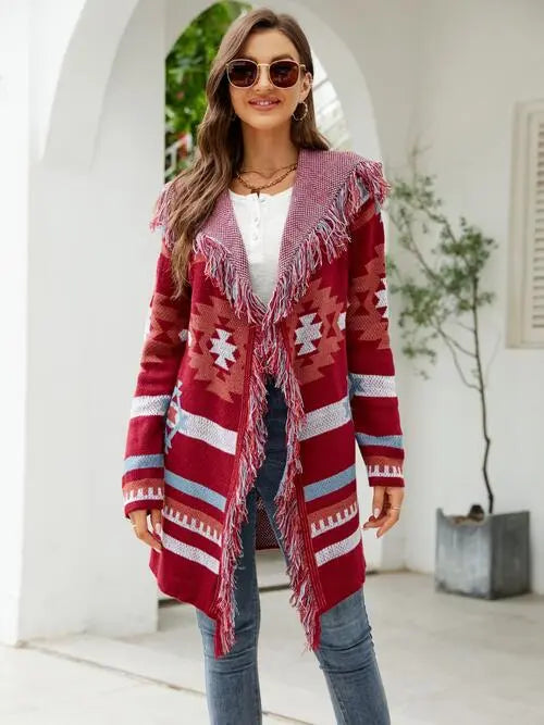 Fringe Geometric Hooded Long Sleeve Cardigan GlossiChic Collection