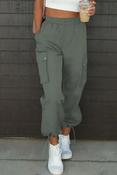 Drawstring Elastic Waist Pants with Pockets - GlossiChic Collection Army Green / S GlossiChic Collection apparel