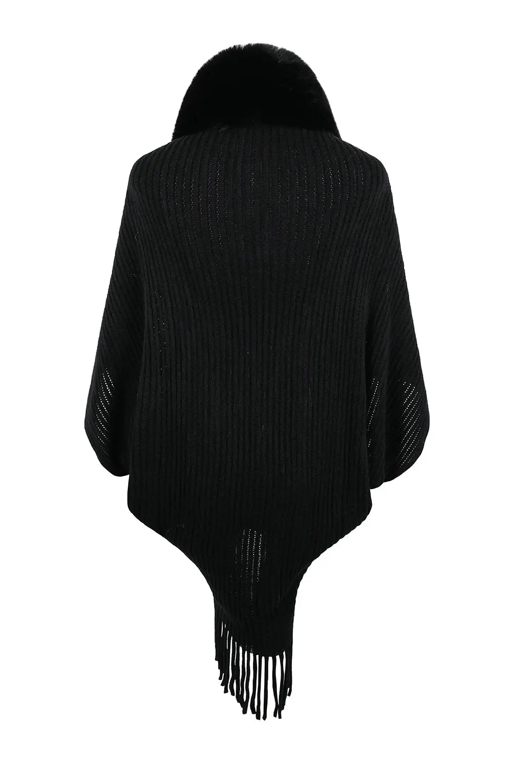 Fringe Detail Long Sleeve Ribbed Poncho - GlossiChic Collection Ivory / One Size GlossiChic Collection apparel