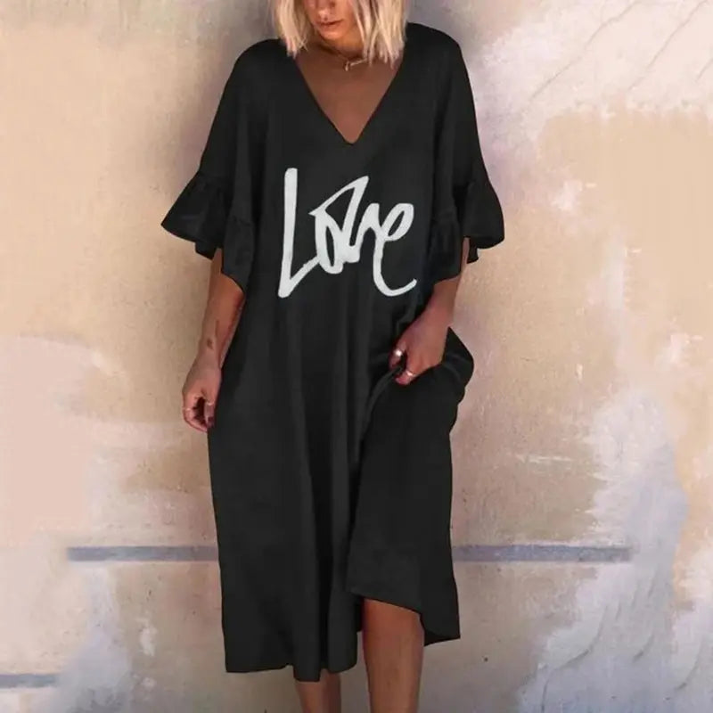 Casual V-neck Lotus Leaf Sleeve Plus Size Dress - GlossiChic Collection