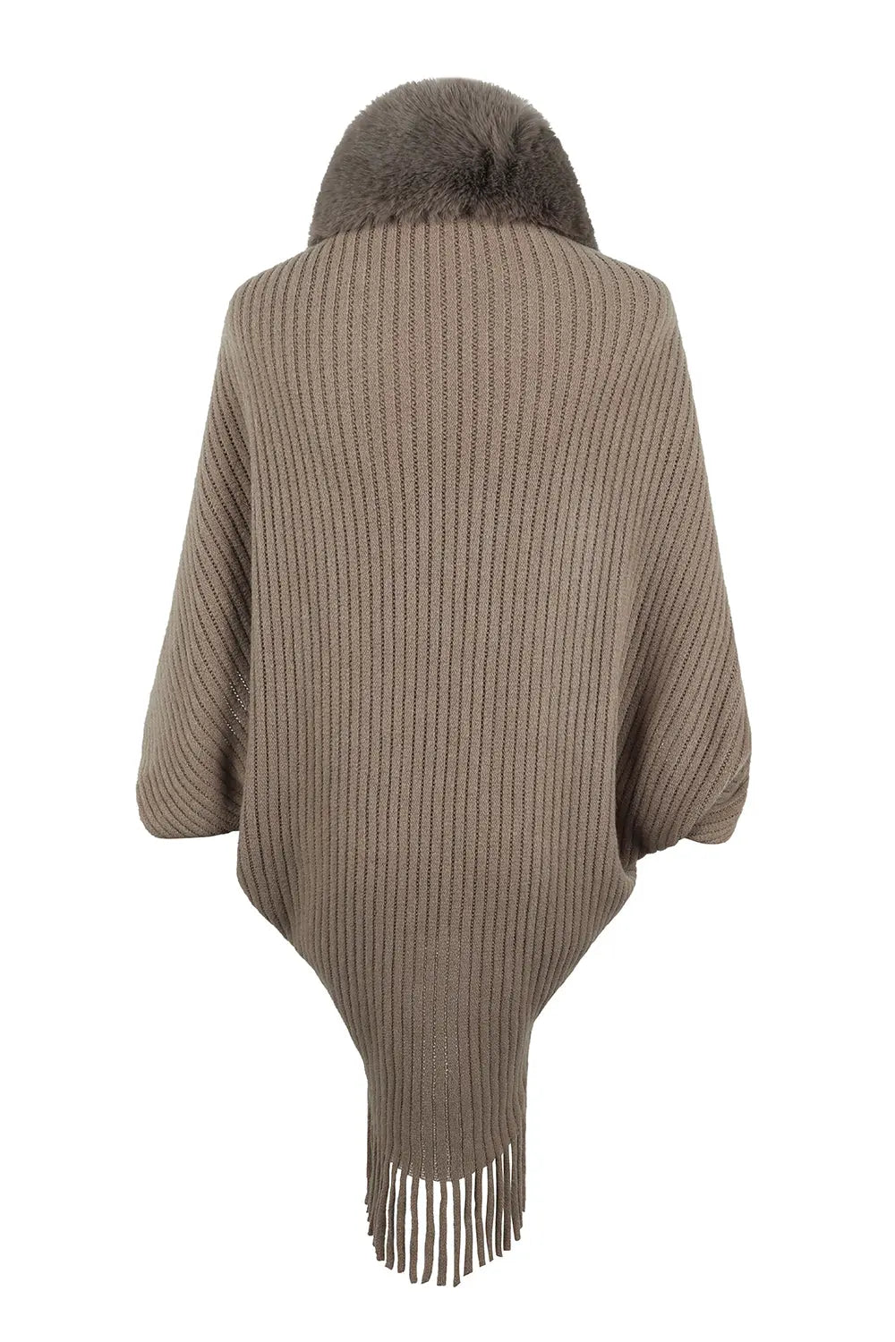 Fringe Detail Long Sleeve Ribbed Poncho - GlossiChic Collection Ivory / One Size GlossiChic Collection apparel